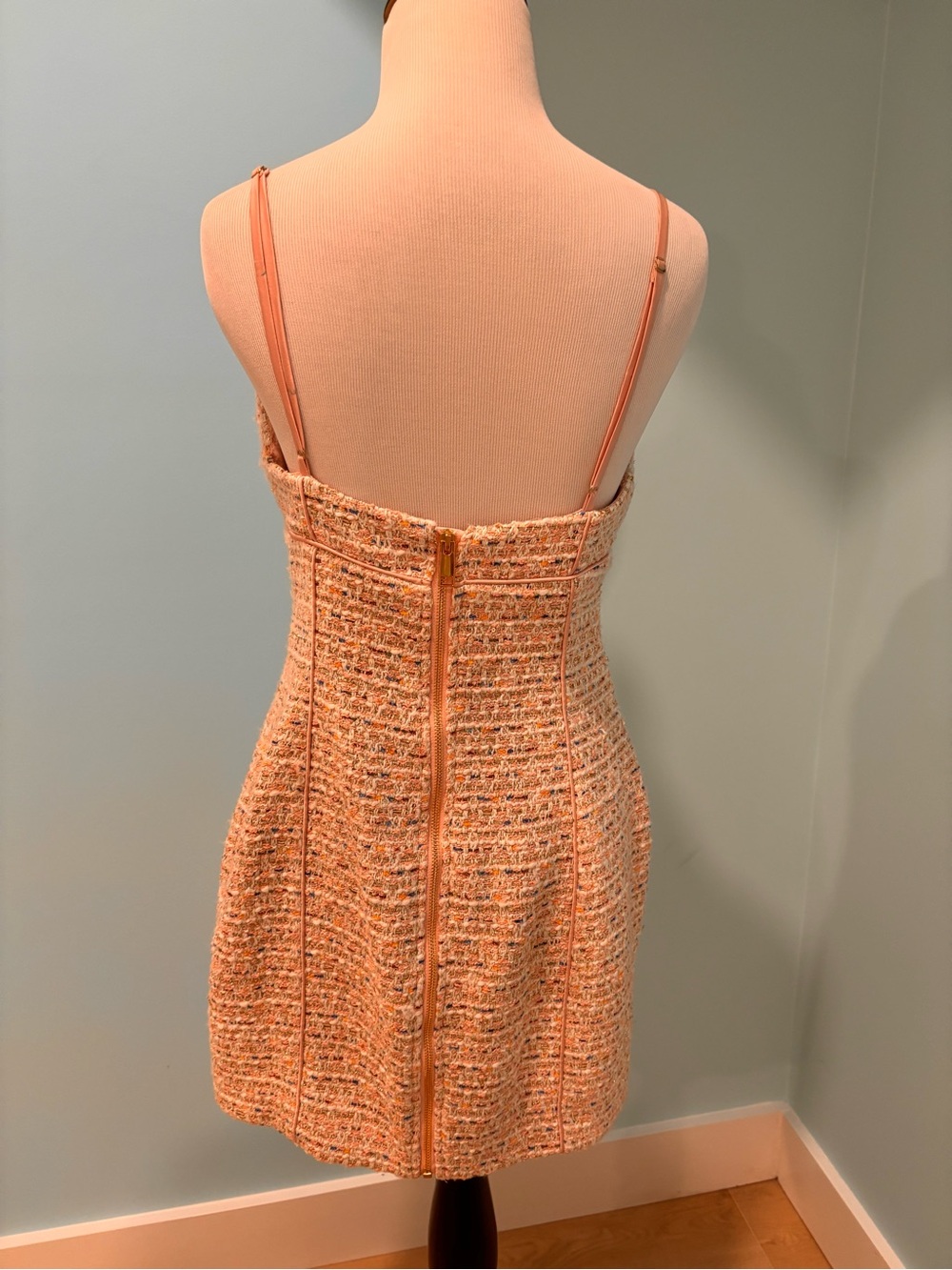 For Love And Lemons Cream Tweed Spaghetti-Strap Mini Dress with Gold Threading - Picture 4 of 6